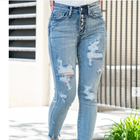 Judy Blue Plus Bleach Splash Distressed High Rise Button Fly Skinny Jeans-Sz 16W - Picture 1 of 10